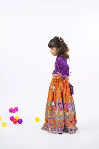Elephant and peacock hand work purple full sleeve top with kalamkari embroidered orange lehenga