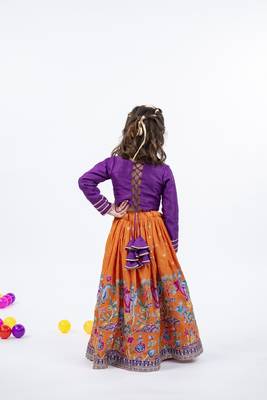 Elephant and peacock hand work purple full sleeve top with kalamkari embroidered orange lehenga 3