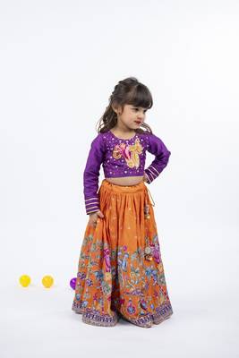 Elephant and peacock hand work purple full sleeve top with kalamkari embroidered orange lehenga 4