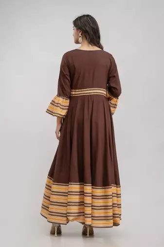 Jaipurite women's long flared printed kurti in brown
