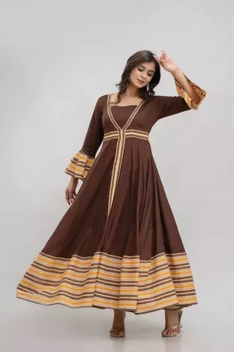 Jaipurite women's long flared printed kurti in brown