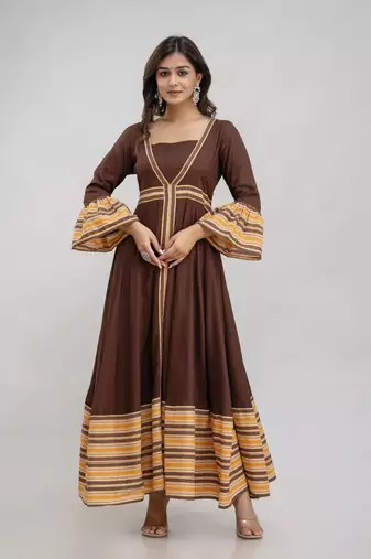 Jaipurite women's long flared printed kurti in brown