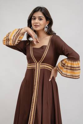 Jaipurite women's long flared printed kurti in brown 5