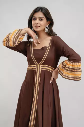 Jaipurite women's long flared printed kurti in brown