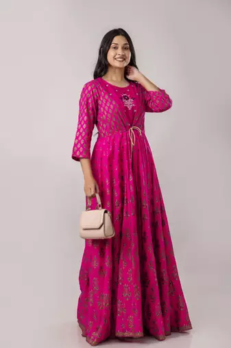 Jaipurite women's embroidered anarkali long magenta kurti in rayon  (  kurti for women, women kurtis, wedding kurtis )