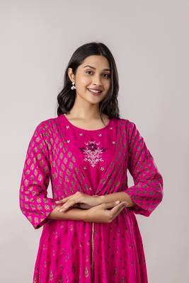 Jaipurite women's embroidered anarkali long magenta kurti in rayon  (  kurti for women, women kurtis, wedding kurtis ) 5