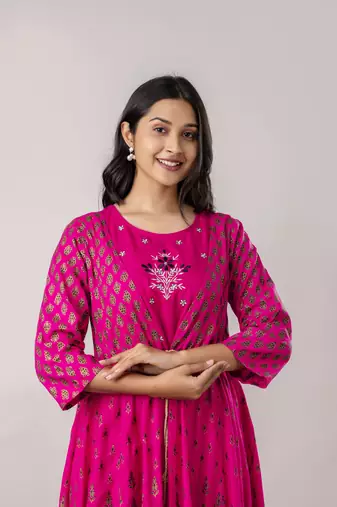Jaipurite women's embroidered anarkali long magenta kurti in rayon  (  kurti for women, women kurtis, wedding kurtis )