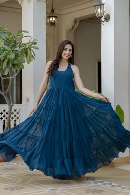 Jaipurite women's sleeveless printed anarkali georgette kurti in teal blue (  women kurtis, latest kurti, kurti ) 1