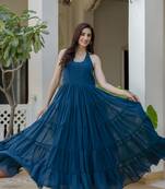 Jaipurite women's sleeveless printed anarkali georgette kurti in teal blue (  women kurtis, latest kurti, kurti )