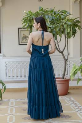 Jaipurite women's sleeveless printed anarkali georgette kurti in teal blue (  women kurtis, latest kurti, kurti ) 2