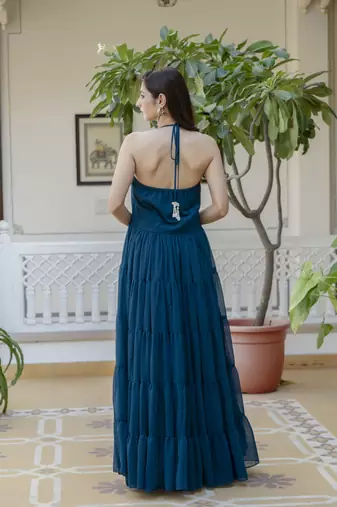 Jaipurite women's sleeveless printed anarkali georgette kurti in teal blue (  women kurtis, latest kurti, kurti )