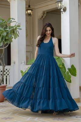 Jaipurite women's sleeveless printed anarkali georgette kurti in teal blue (  women kurtis, latest kurti, kurti ) 3