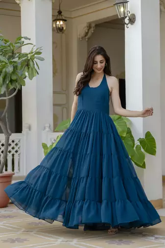 Jaipurite women's sleeveless printed anarkali georgette kurti in teal blue (  women kurtis, latest kurti, kurti )