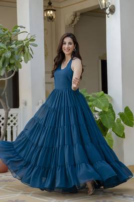 Jaipurite women's sleeveless printed anarkali georgette kurti in teal blue (  women kurtis, latest kurti, kurti ) 4