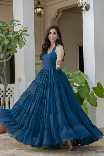 Jaipurite women's sleeveless printed anarkali georgette kurti in teal blue (  women kurtis, latest kurti, kurti )