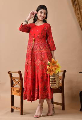 Jaipurite women's embroidered anarkali red printed kurti in rayon (  wedding wear, women's kurti, anarkali kurti ) 1