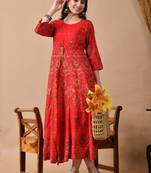 Jaipurite women's embroidered anarkali red printed kurti in rayon (  wedding wear, women's kurti, anarkali kurti )