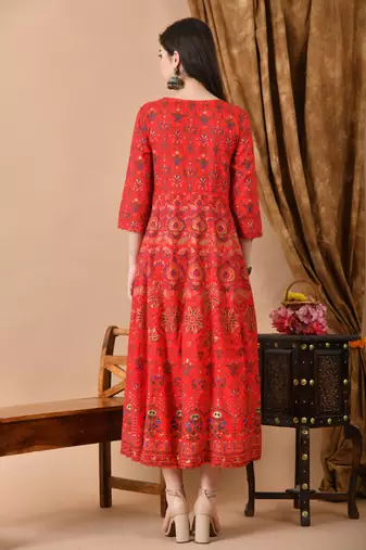 Jaipurite women's embroidered anarkali red printed kurti in rayon (  wedding wear, women's kurti, anarkali kurti )