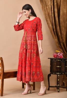 Jaipurite women's embroidered anarkali red printed kurti in rayon (  wedding wear, women's kurti, anarkali kurti ) 3