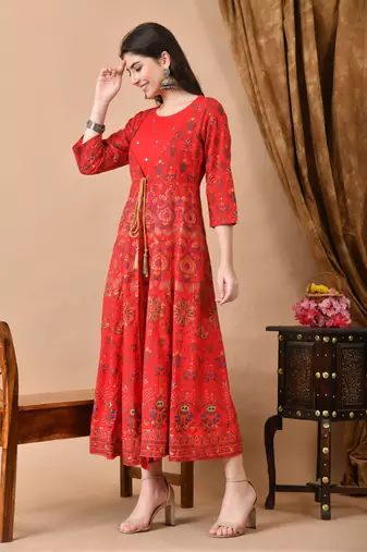 Jaipurite women's embroidered anarkali red printed kurti in rayon (  wedding wear, women's kurti, anarkali kurti )