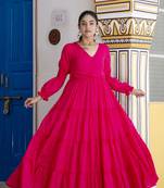 Jaipurite women's solid cotton anarkali kurti in magenta ( pink kurti, festive kurti, summer kurti )
