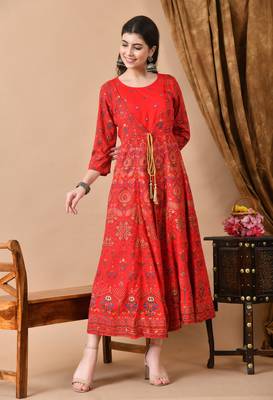 Jaipurite women's embroidered anarkali red printed kurti in rayon (  wedding wear, women's kurti, anarkali kurti ) 4