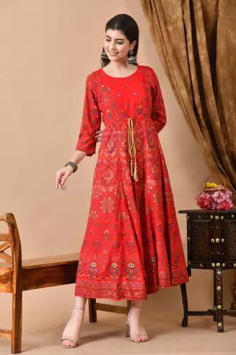 Jaipurite women's embroidered anarkali red printed kurti in rayon (  wedding wear, women's kurti, anarkali kurti )