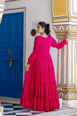 Jaipurite women's solid cotton anarkali kurti in magenta ( pink kurti, festive kurti, summer kurti ) 2