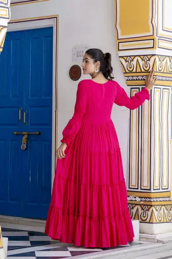 Jaipurite women's solid cotton anarkali kurti in magenta ( pink kurti, festive kurti, summer kurti )