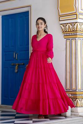 Jaipurite women's solid cotton anarkali kurti in magenta ( pink kurti, festive kurti, summer kurti ) 3