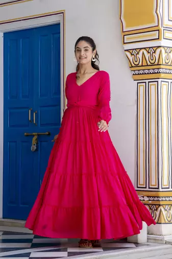 Jaipurite women's solid cotton anarkali kurti in magenta ( pink kurti, festive kurti, summer kurti )