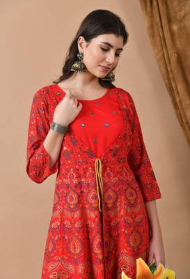 Jaipurite women's embroidered anarkali red printed kurti in rayon (  wedding wear, women's kurti, anarkali kurti ) 5