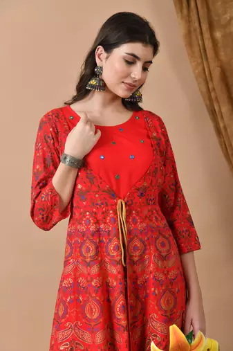 Jaipurite women's embroidered anarkali red printed kurti in rayon (  wedding wear, women's kurti, anarkali kurti )