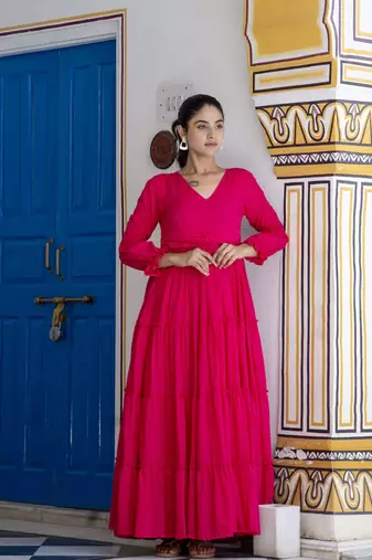 Jaipurite women's solid cotton anarkali kurti in magenta ( pink kurti, festive kurti, summer kurti )