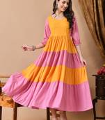 Jaipurite women's solid viscose rayon anarkali kurti in yellow ( festive kurti, kurtis, long kurtis, yellow kurti )