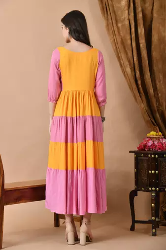 Jaipurite women's solid viscose rayon anarkali kurti in yellow ( festive kurti, kurtis, long kurtis, yellow kurti )