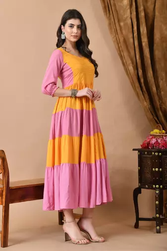 Jaipurite women's solid viscose rayon anarkali kurti in yellow ( festive kurti, kurtis, long kurtis, yellow kurti )