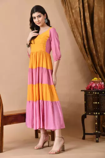 Jaipurite women's solid viscose rayon anarkali kurti in yellow ( festive kurti, kurtis, long kurtis, yellow kurti )