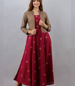 Jaipurite women's rayon anarkali kurti with jacket in maroon ( jacketed kurti, pack of 2 kurti, maroon kurti )