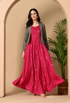 Jaipurite women's rayon anarkali kurti with jacket in deep pink ( jacketed kurti, pack of 2 kurti, ) 1