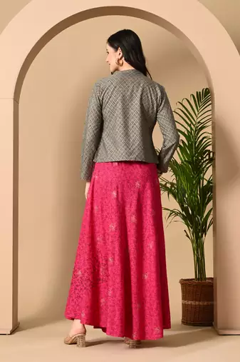 Jaipurite women's rayon anarkali kurti with jacket in deep pink ( jacketed kurti, pack of 2 kurti, )