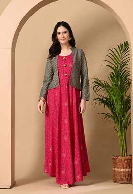 Jaipurite women's rayon anarkali kurti with jacket in deep pink ( jacketed kurti, pack of 2 kurti, ) 3