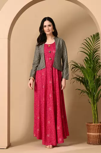 Jaipurite women's rayon anarkali kurti with jacket in deep pink ( jacketed kurti, pack of 2 kurti, )