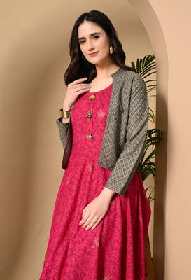 Jaipurite women's rayon anarkali kurti with jacket in deep pink ( jacketed kurti, pack of 2 kurti, ) 4