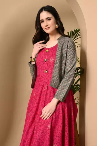 Jaipurite women's rayon anarkali kurti with jacket in deep pink ( jacketed kurti, pack of 2 kurti, )