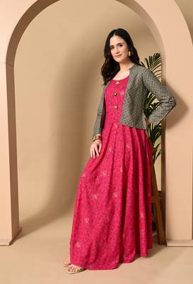 Jaipurite women's rayon anarkali kurti with jacket in deep pink ( jacketed kurti, pack of 2 kurti, ) 5