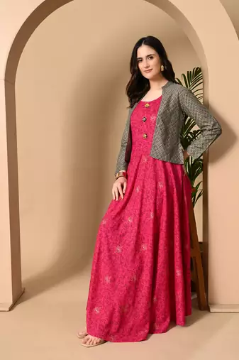 Jaipurite women's rayon anarkali kurti with jacket in deep pink ( jacketed kurti, pack of 2 kurti, )