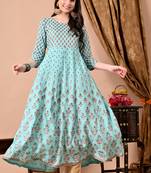 Jaipurite women's printed anarkali long kurti in light green