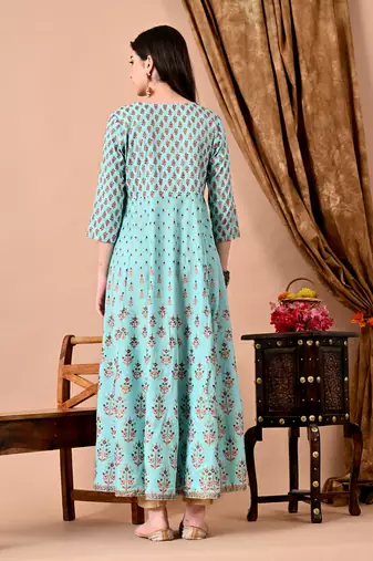 Jaipurite women's printed anarkali long kurti in light green