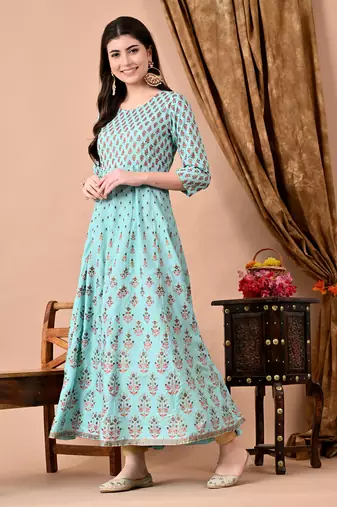 Jaipurite women's printed anarkali long kurti in light green